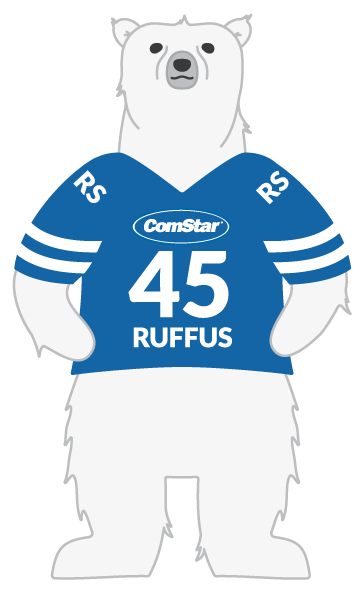 A polar bear named Ruffus wearing a blue uniform with Comstar Number 45 on the jersey